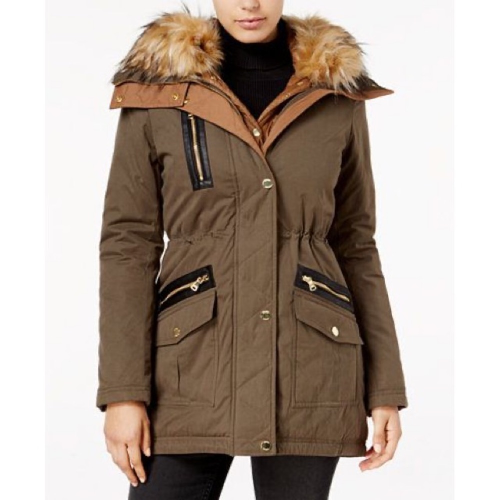 GUESS Faux Fur Trim Mixed Media Parka Coat